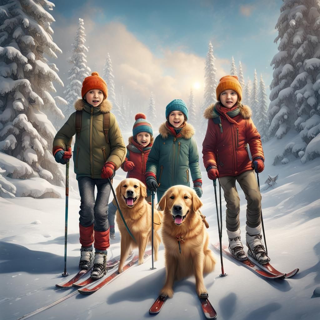 Kids Skiing with Dog in Snowy Treasure Hunt