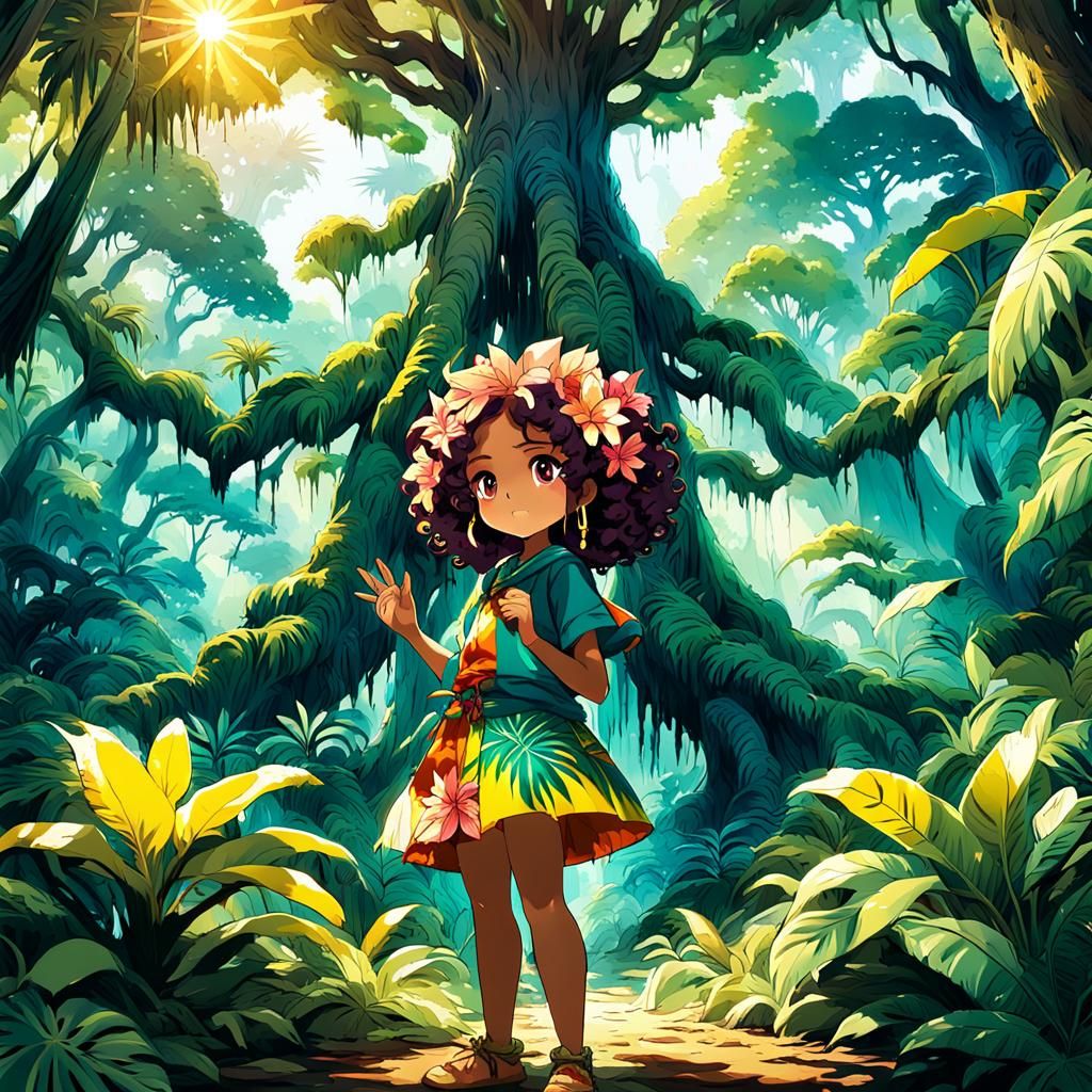 Anime Girl in Jungle, Cel-Shaded Manga Style