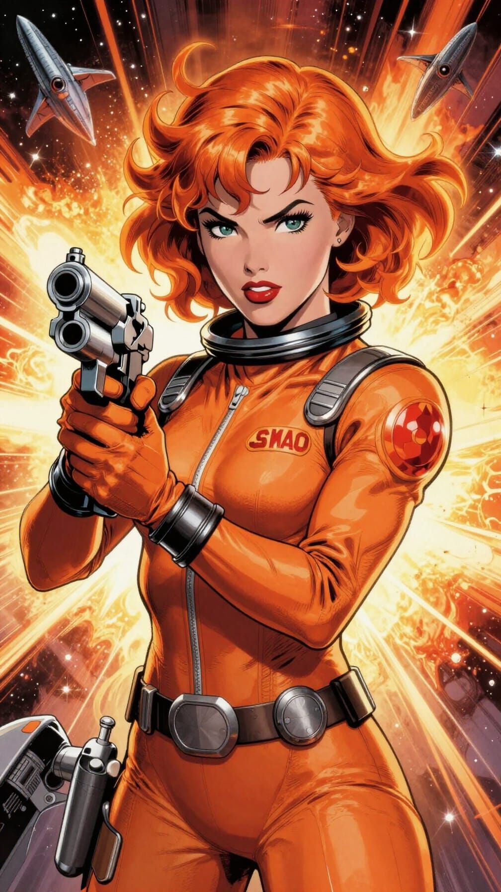 Fiery Superheroine with Raygun in Retrofuturistic Comic Styl...