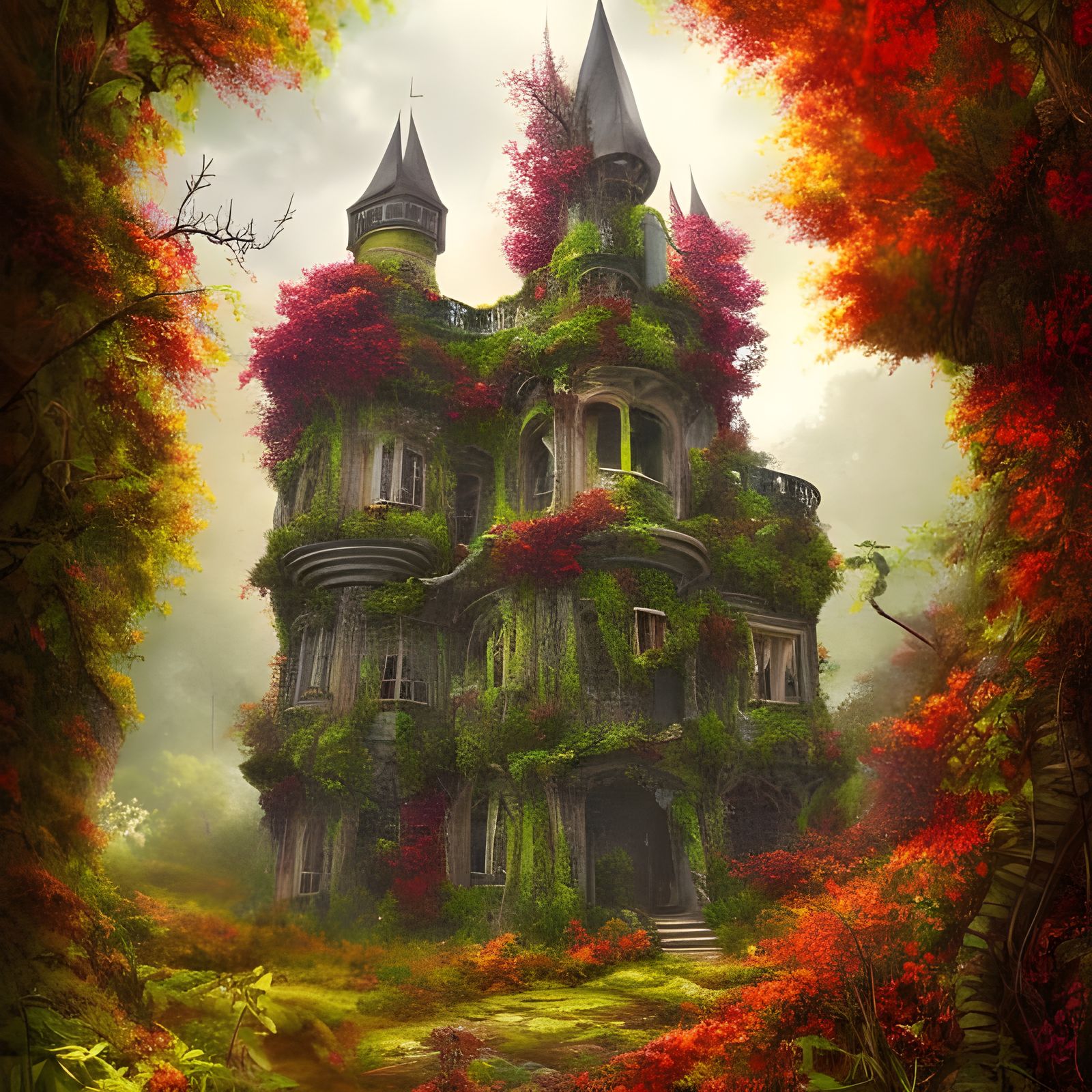 Autumn Castle: Overgrown Beauty in Fine Art Style