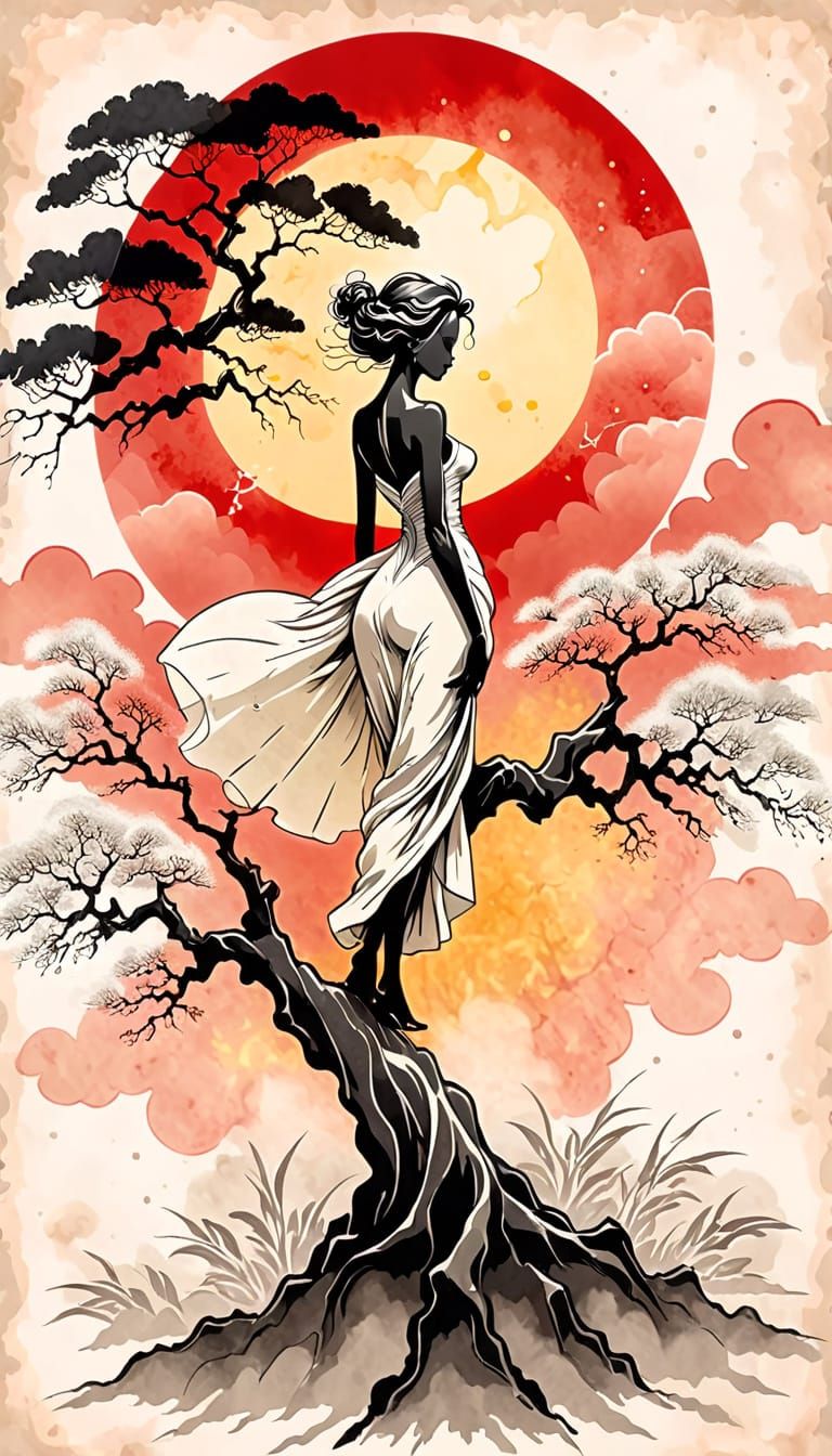 Dryad Fashion Portrait with Muted Colors and Ink