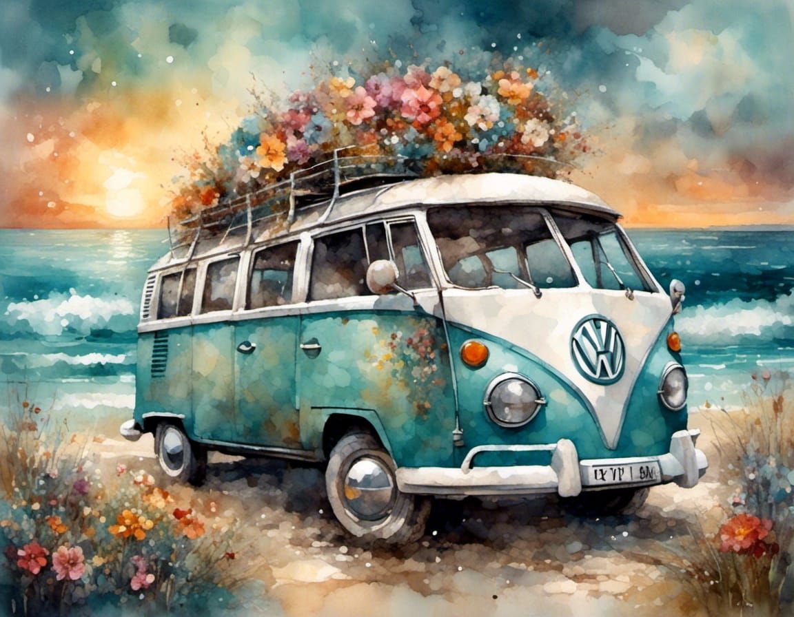 Turquoise VW Campervan on Beach as Digital Art