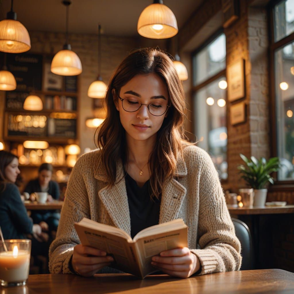 Cozy Cafe Scene: Woman Reading in Warm Light