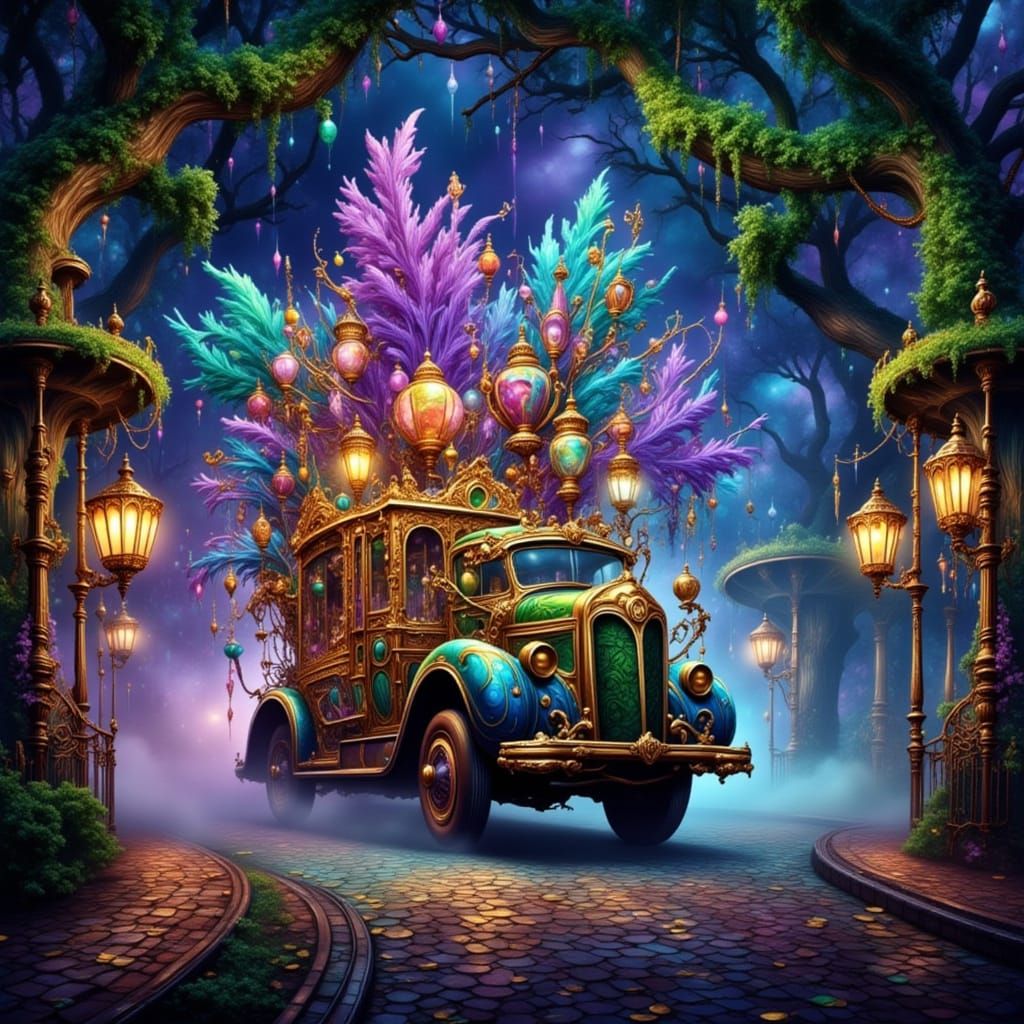 Majestic Mardi Gras Float Under New Orleans' Grand Oak Trees