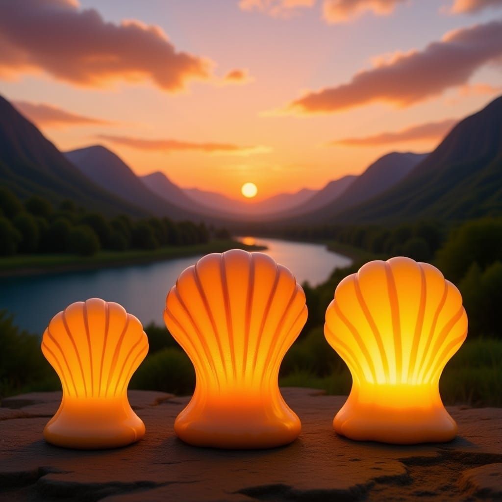 Glowing Scallop Shells in Mountain Sunset Landscape