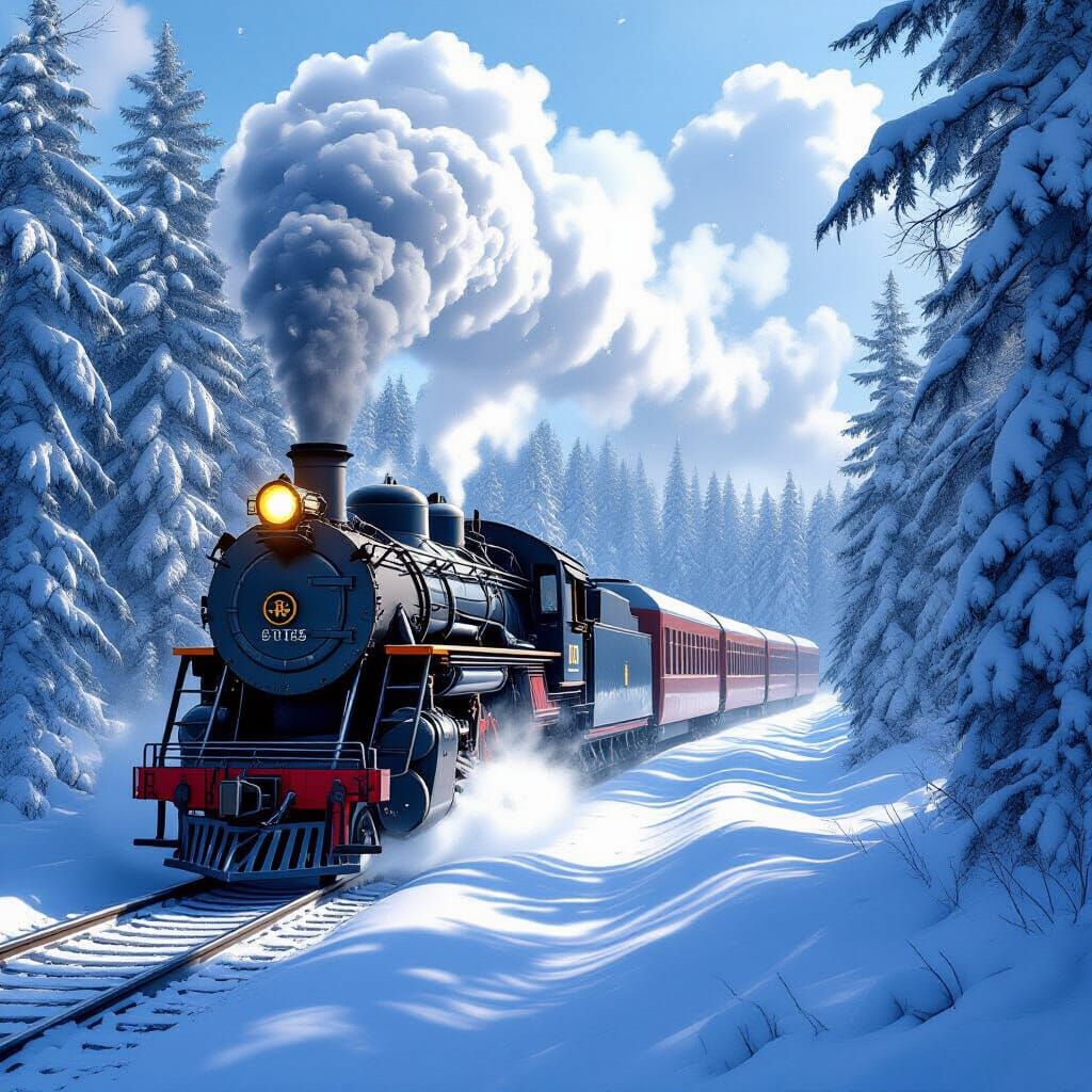 Steam Train Through Snowy Forest in Cold Daylight