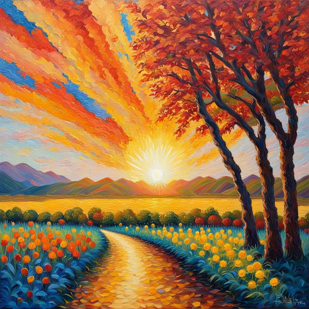 Bright Sun in Expressionist Impasto Oil Painting