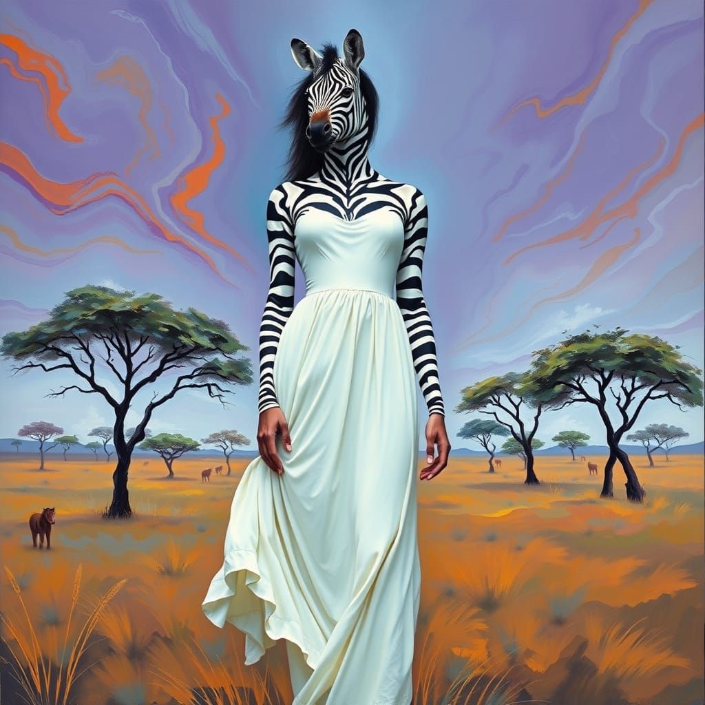 Surrealist Portrait of a Woman with Zebra Stripes in Dreamli...