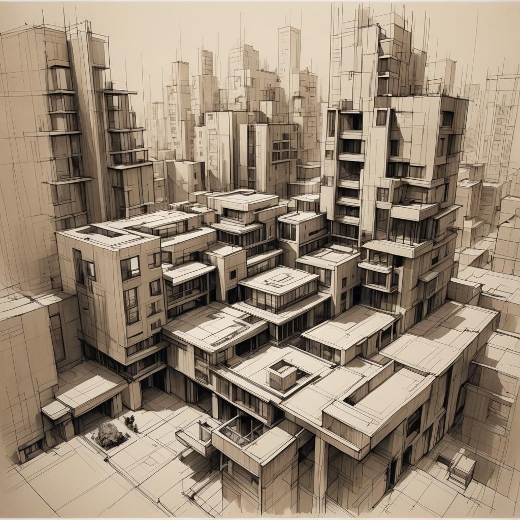 Monochromatic Architectural Sketch of Building Design