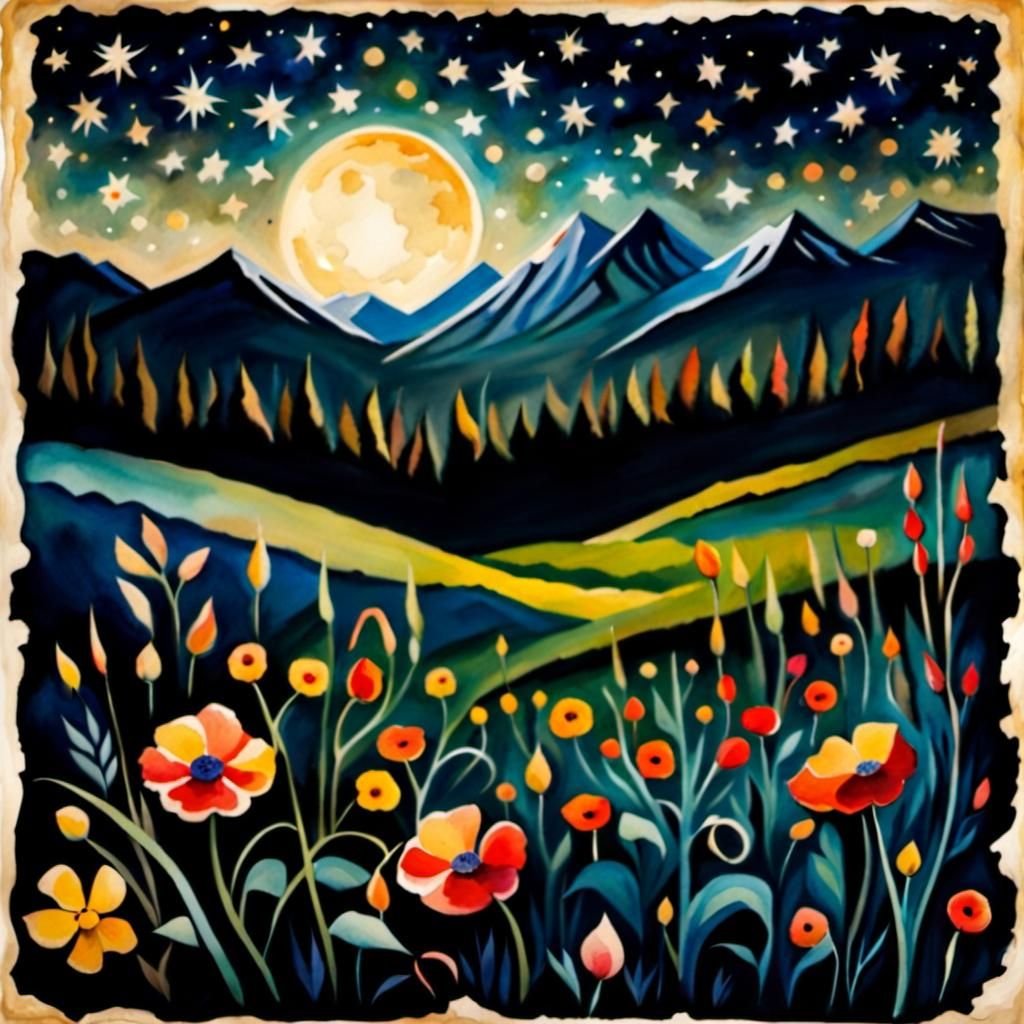Abstract Watercolor Flower Field at Moonrise
