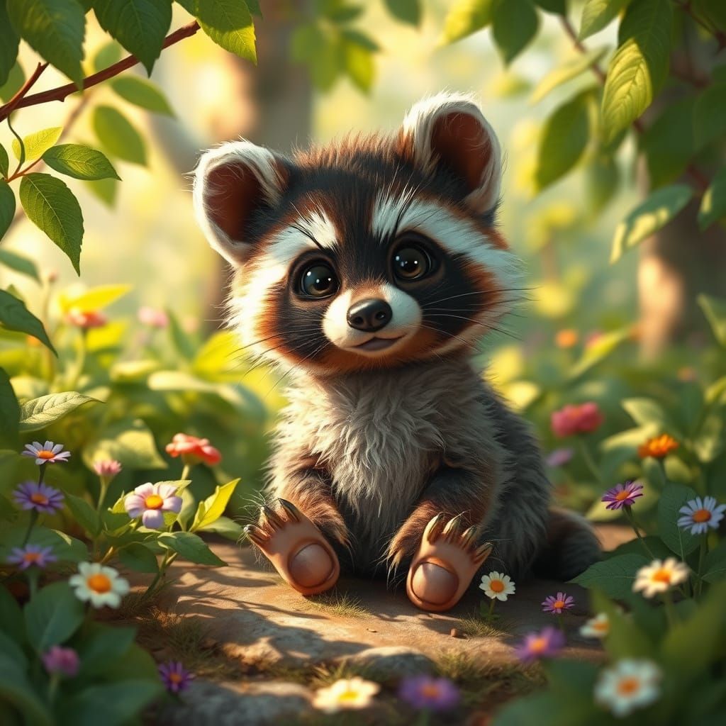 Realistic Baby Animal with Big Eyes in a Whimsical Forest Sc...