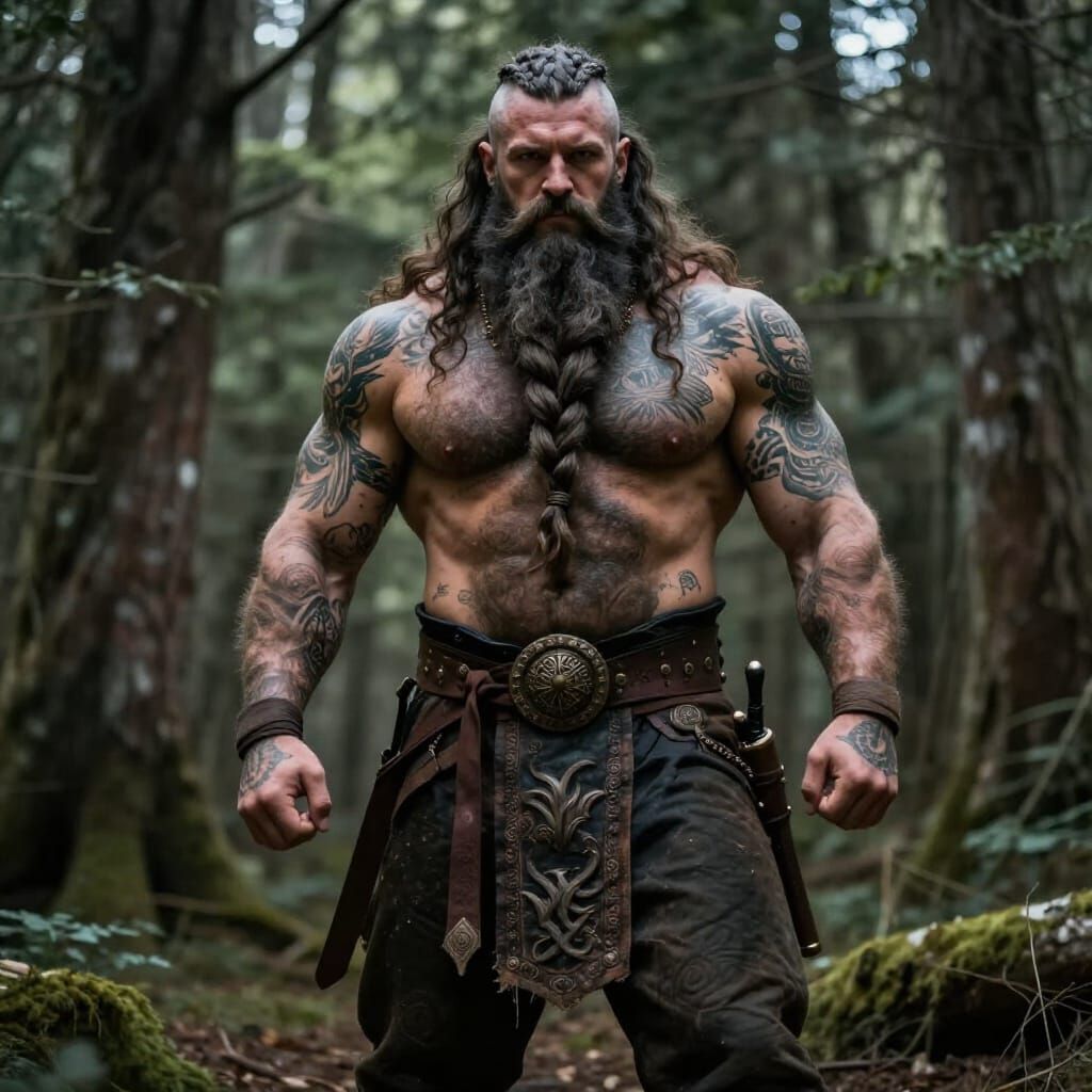 Muscular Viking Warrior with Braided Beard in Forest