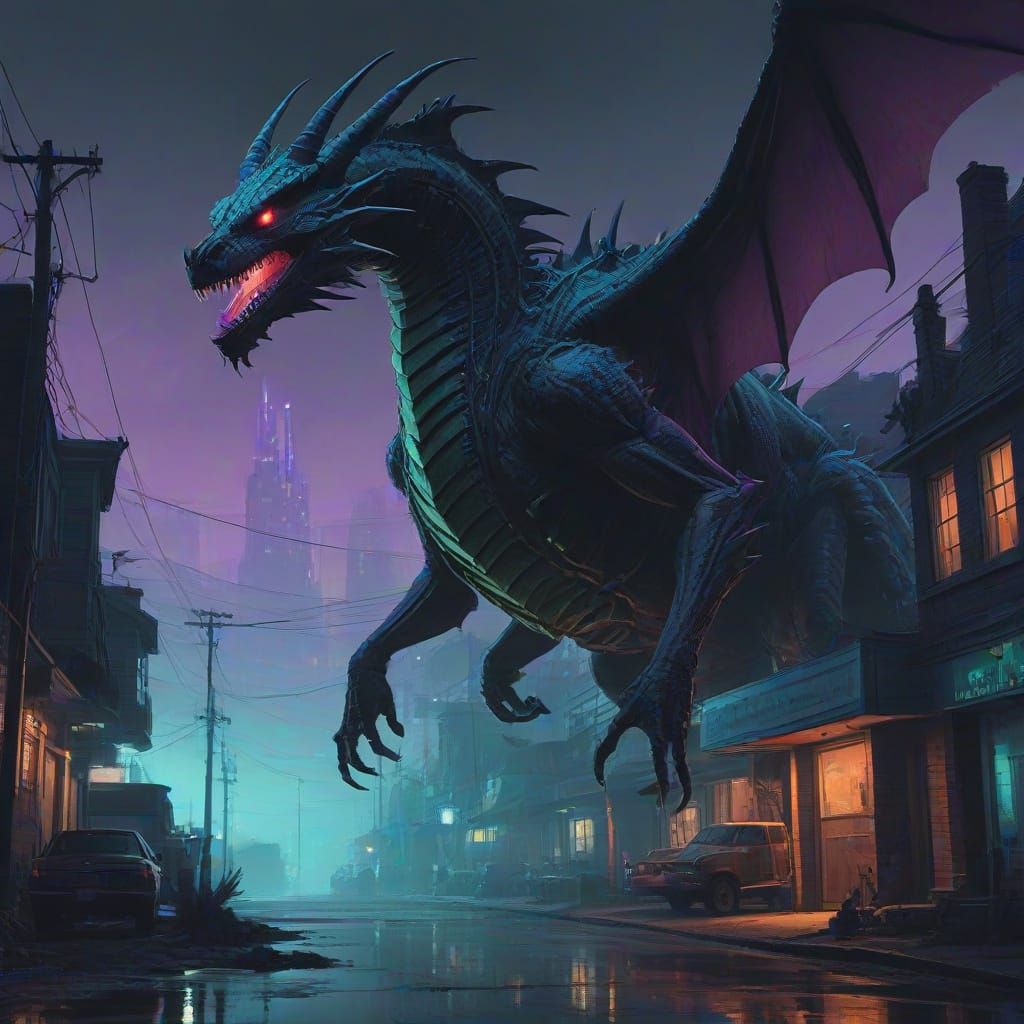 Bioluminescent Dragon Descends on Futuristic Cityscape