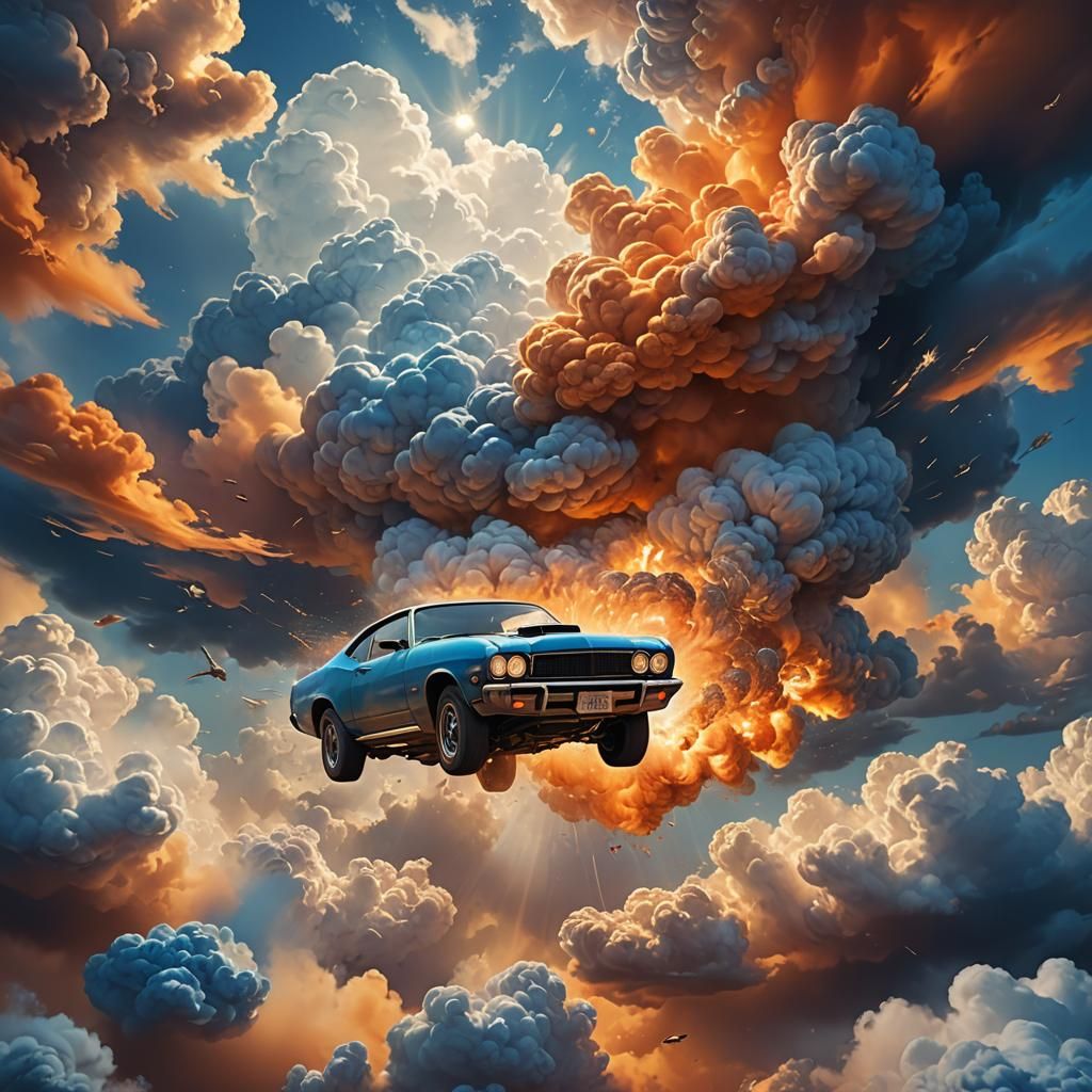 Car Flips Over Clouds in Digital Matte Painting