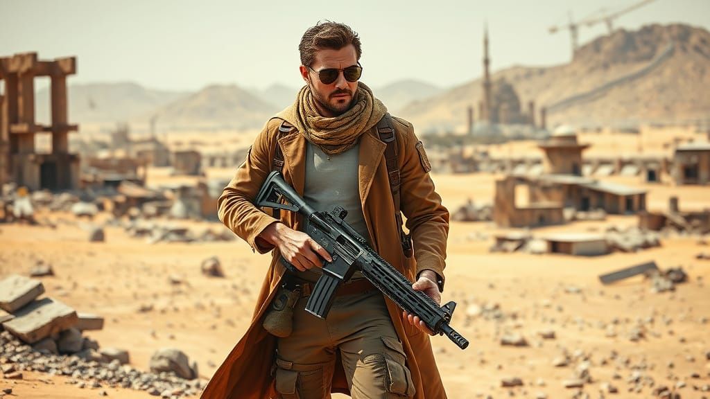 Warrior in Desert Punk Attire, Blending Sci-Fi and Post-Apoc...