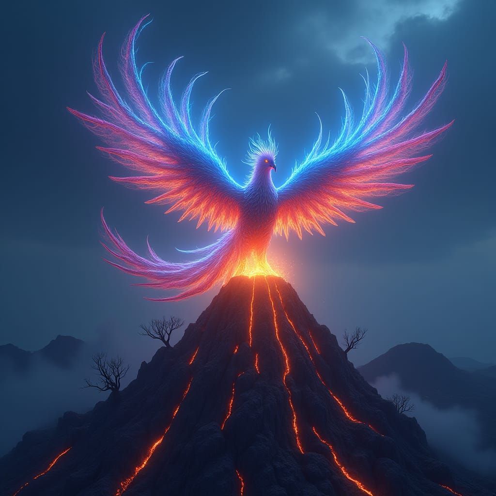 Fiery Phoenix Soaring Above Volcano in Fantasy Art Style