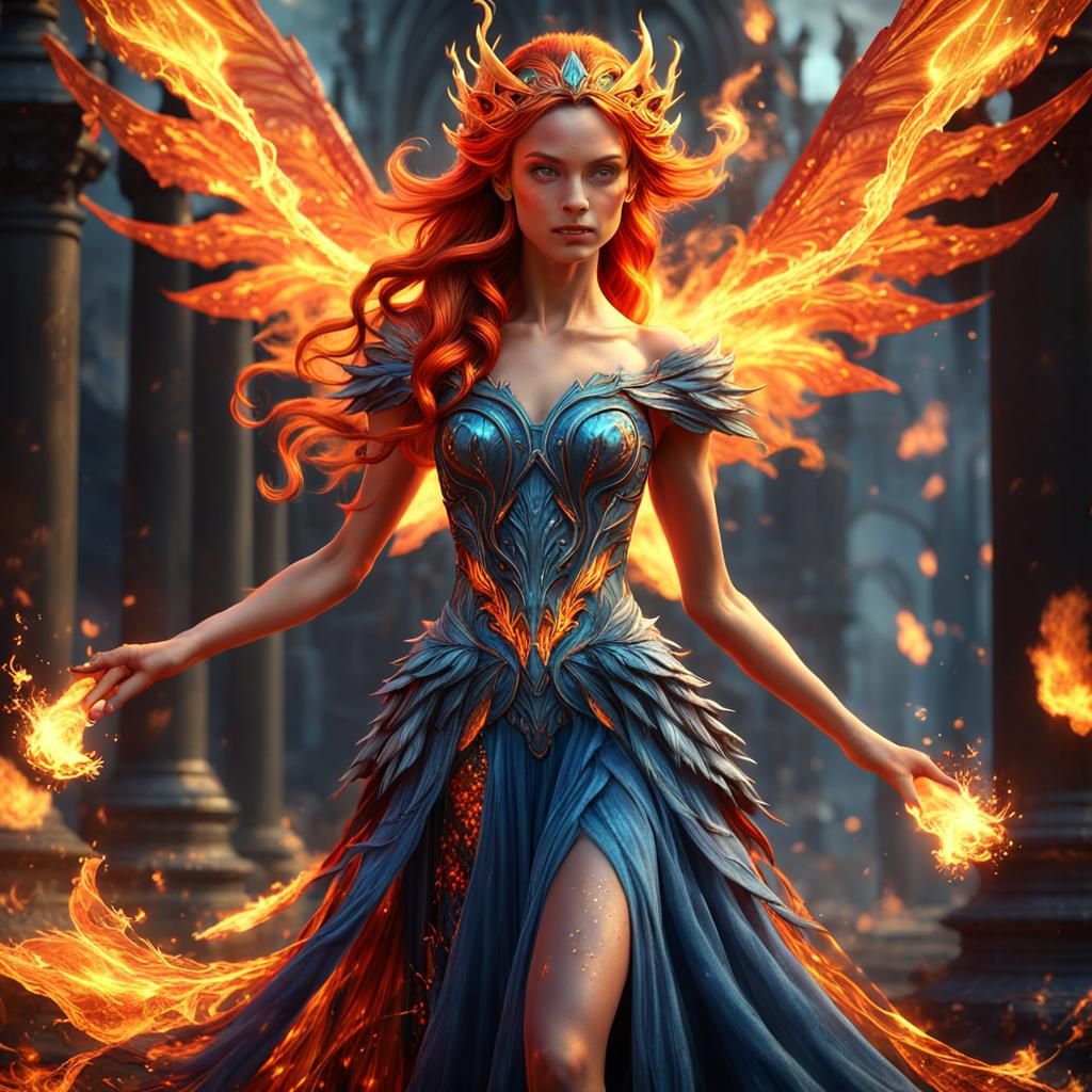 Flame Fairy Princess with Flaming Wings in Fantasy Art