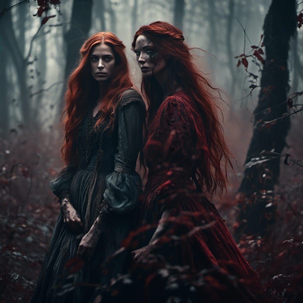 Eerie Embrace in Misty Forest: Dark Fantasy Illustration