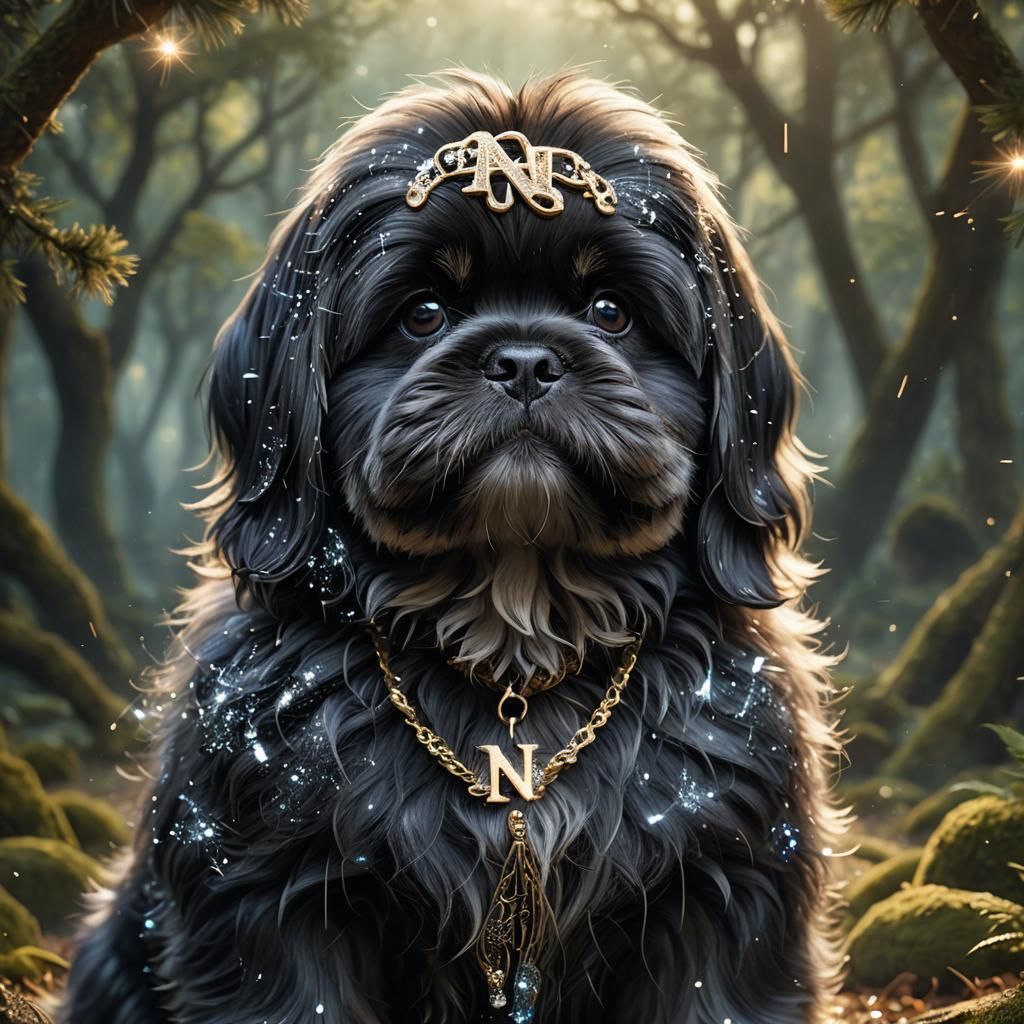 Black Lhasa Apso Puppy Portrait with Diamond Pendant