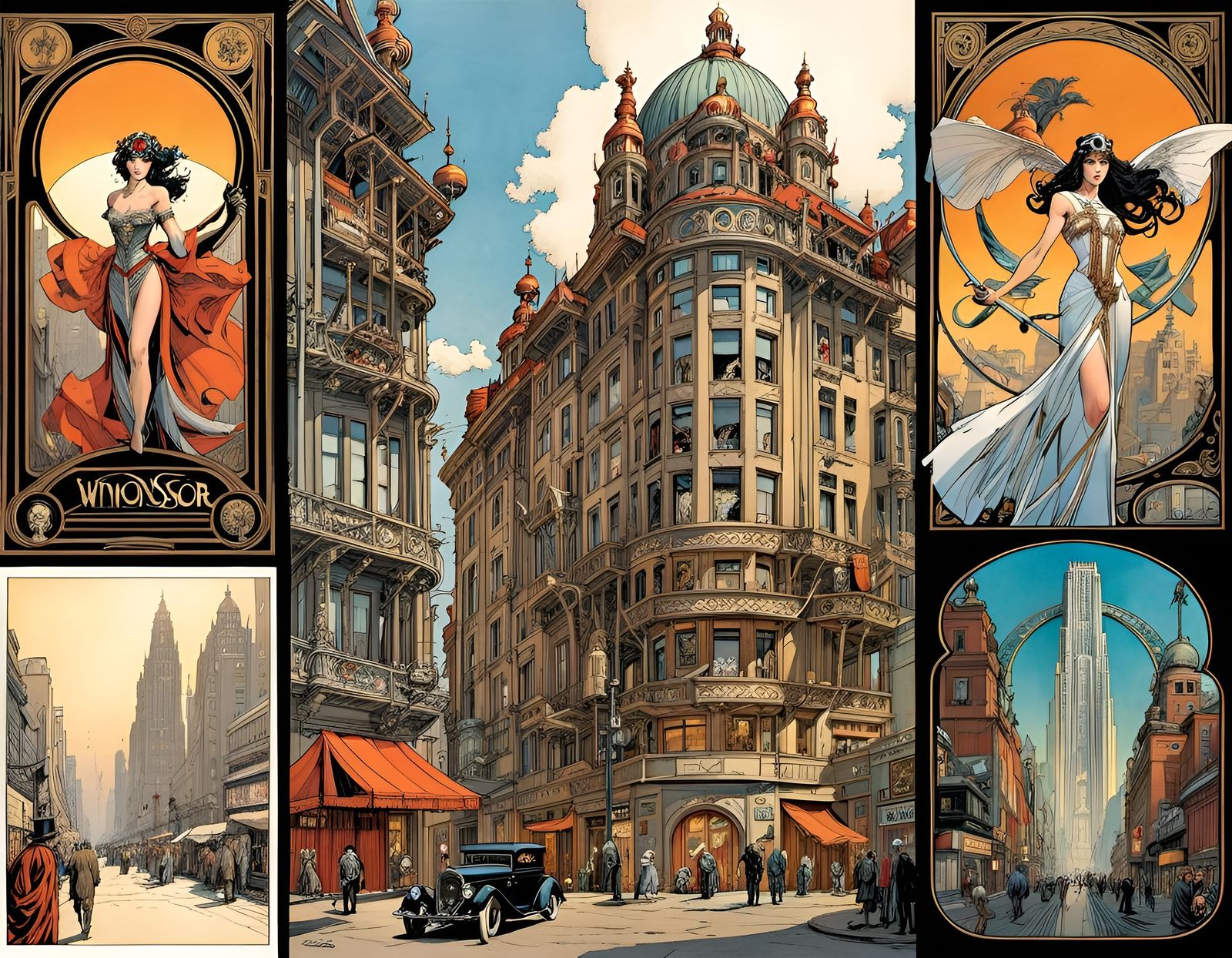 Art Nouveau Comic Book Panels in Multi-Panel Layout
