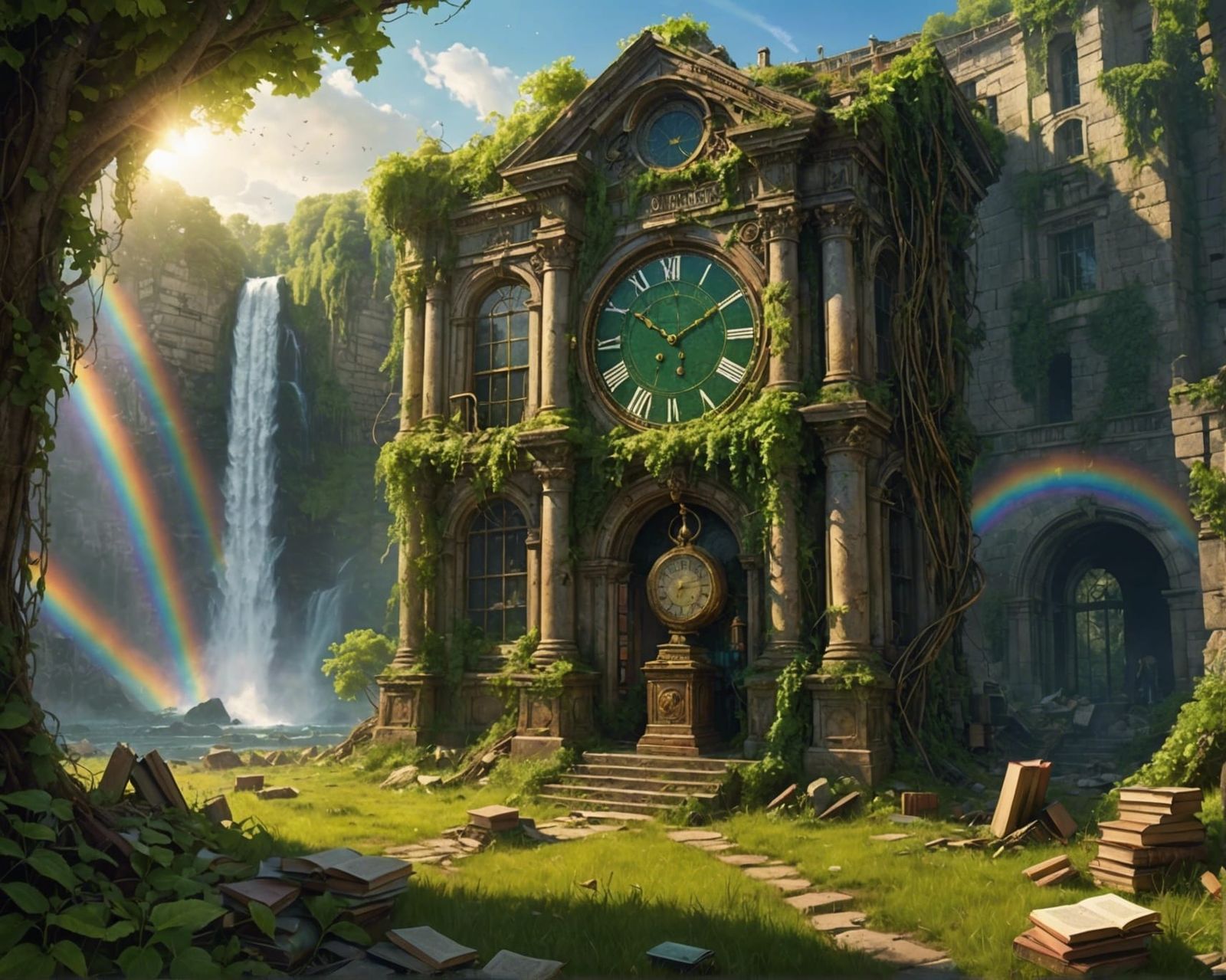 Post-Apocalyptic Library with Rainbow and Clock