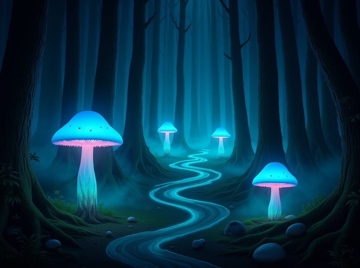 Mystical Forest with Glowing Fungi and Ethereal Mist