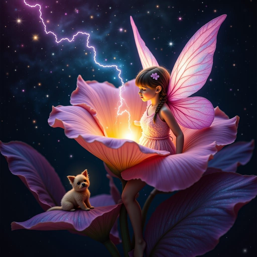 A cosmic flower fairy rose glowing with lightning, including a cute dog..<lora:All about the Rose:0.5><lora:Lightnings:0...