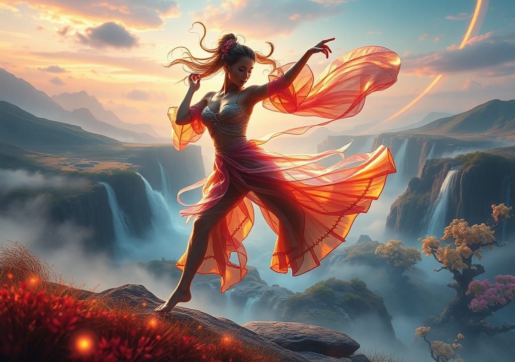 Dynamic Dancer in Dreamlike Futuristic Landscape