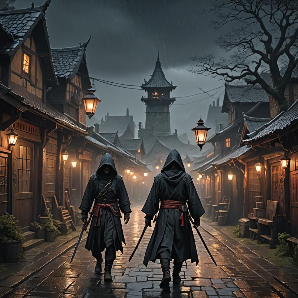 Hooded Figure Trails Through Old English Village