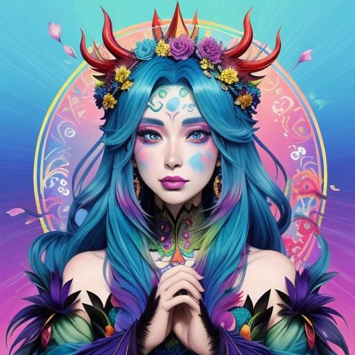 Rainbow Dragon Woman with Flower Crown in Anime Style