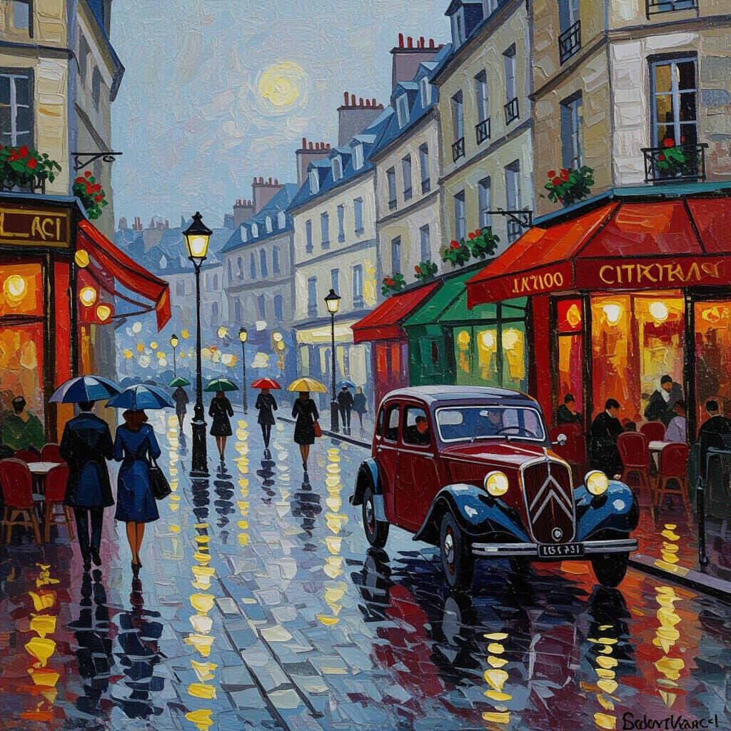 Impressionistic Parisian Street Scene at Dusk