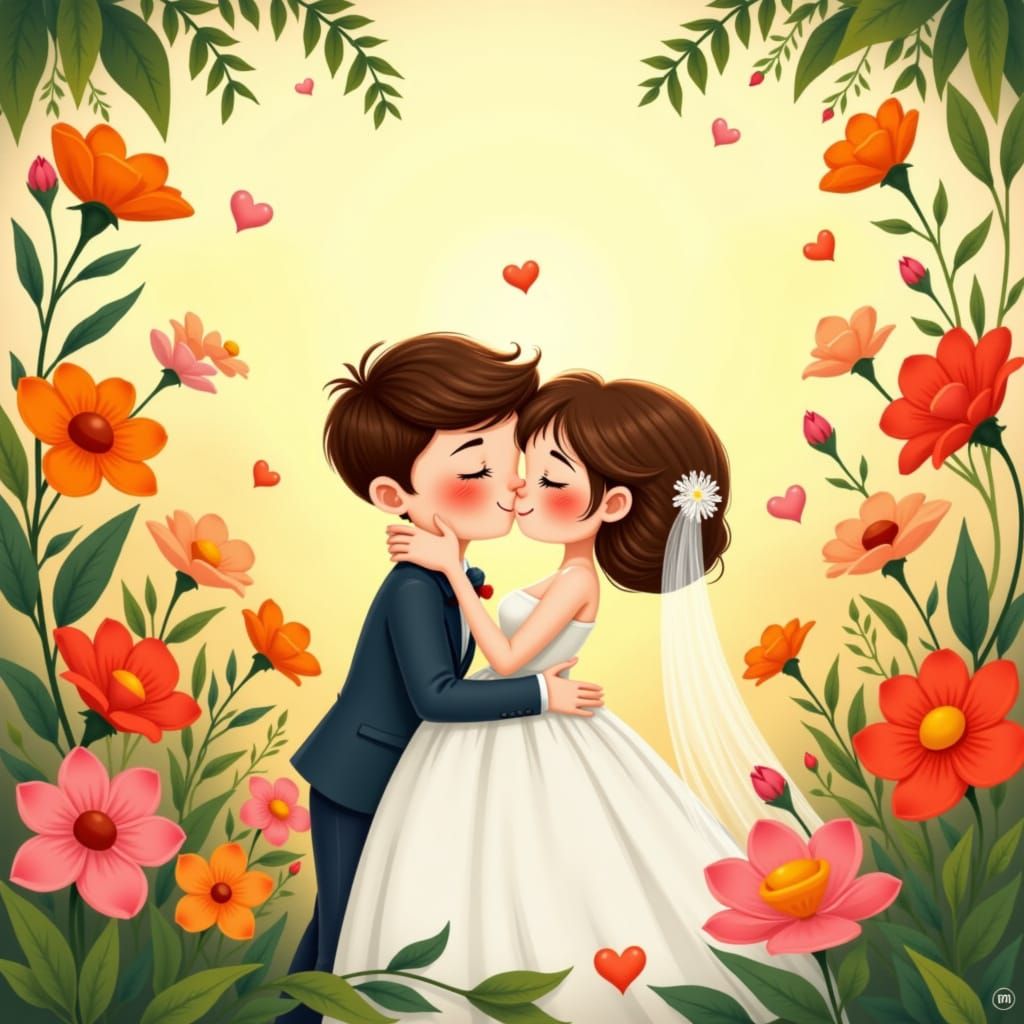 Cute Cartoon Wedding Couple Embracing in Whimsical Garden