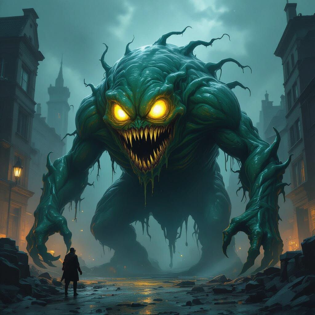 Monstrous Slime Creature with Glowing Eyes in Dark Fantasy S...
