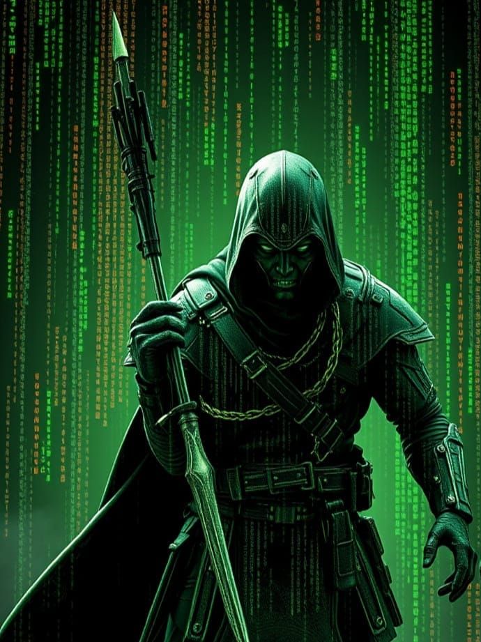 Hyperdetailed Sci-Fi Warrior in Neon Matrix Code