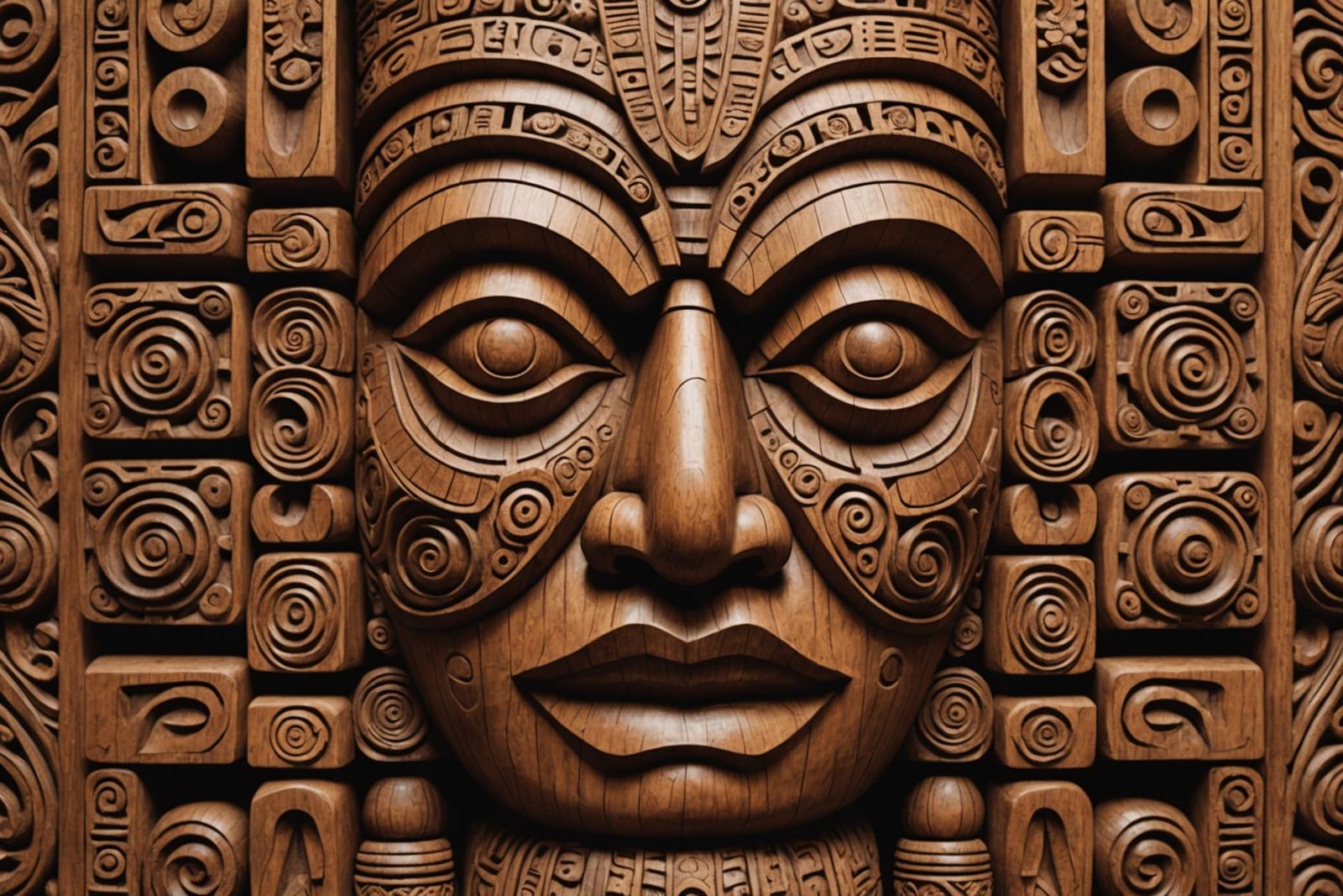 Intricately Carved Wooden Totem with Detailed Faces