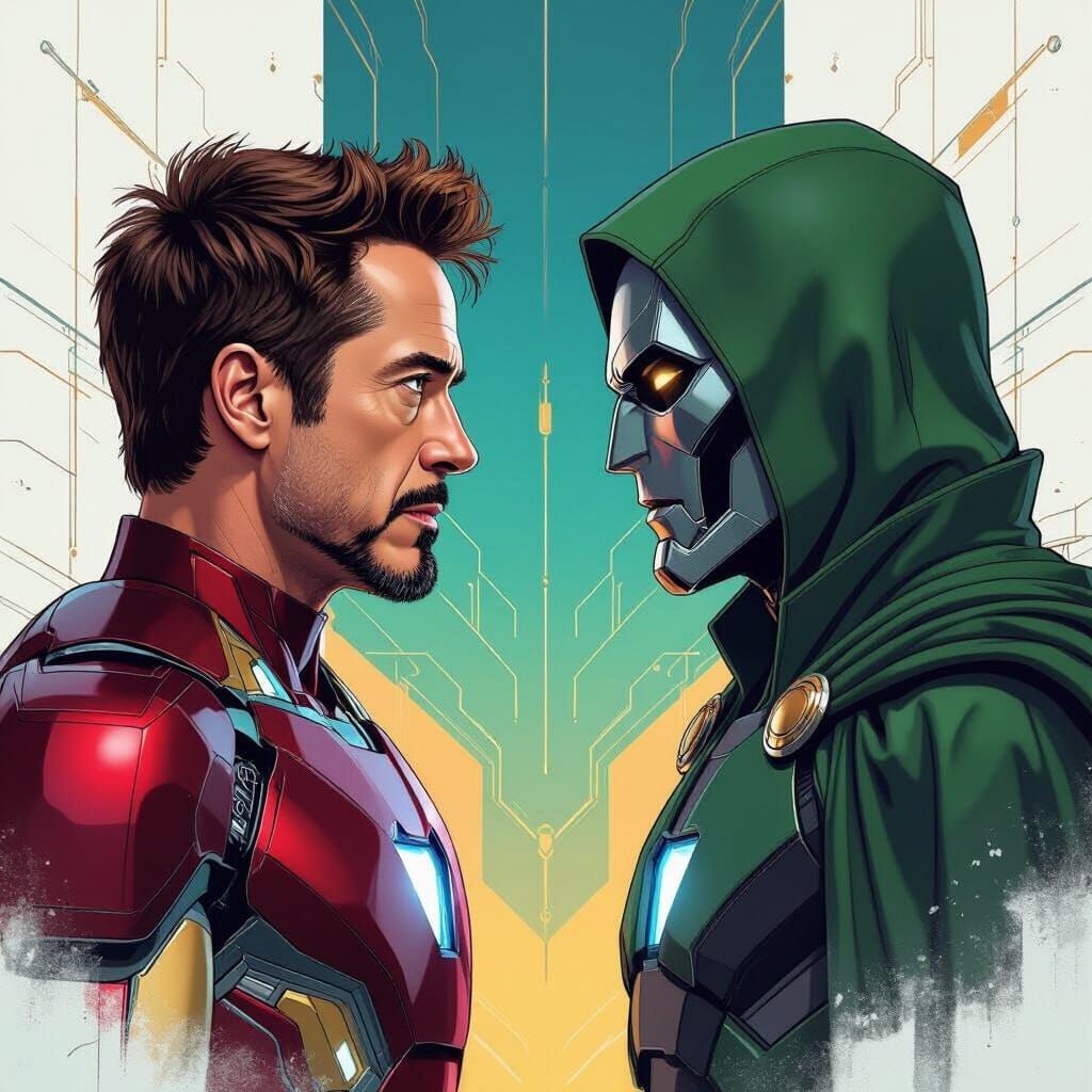 Iron Man and Doctor Doom Face-Off in Geometric Style