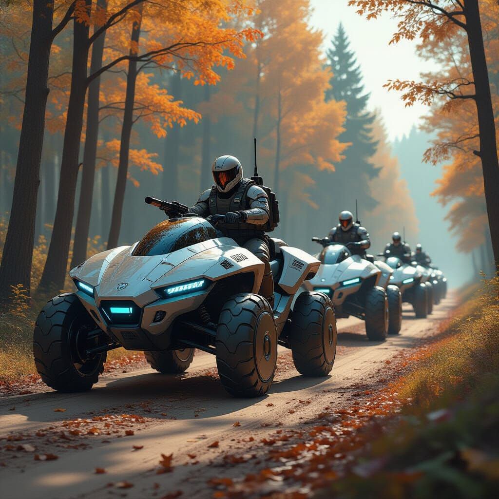 Futuristic Troop Transports in Autumn Woodland, Sci-Fi Art