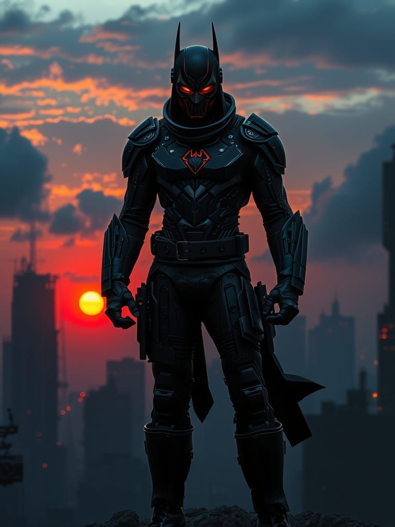 Brooding Vigilante Stands Watch in Cyberpunk Cityscape