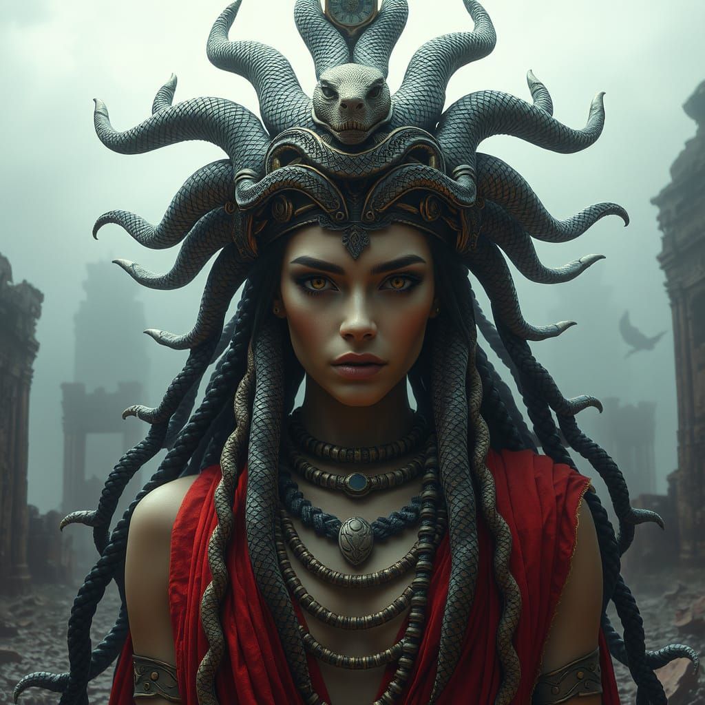 Regal Medusa in Majestic Headdress, Ancient Ruins in Mystica...