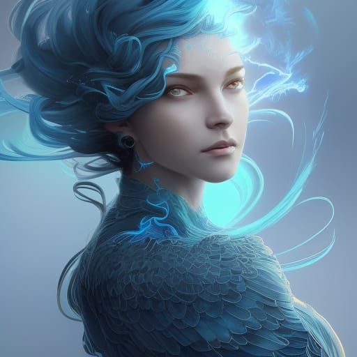 Detailed Blue Phoenix Portrait in Monochromatic Style