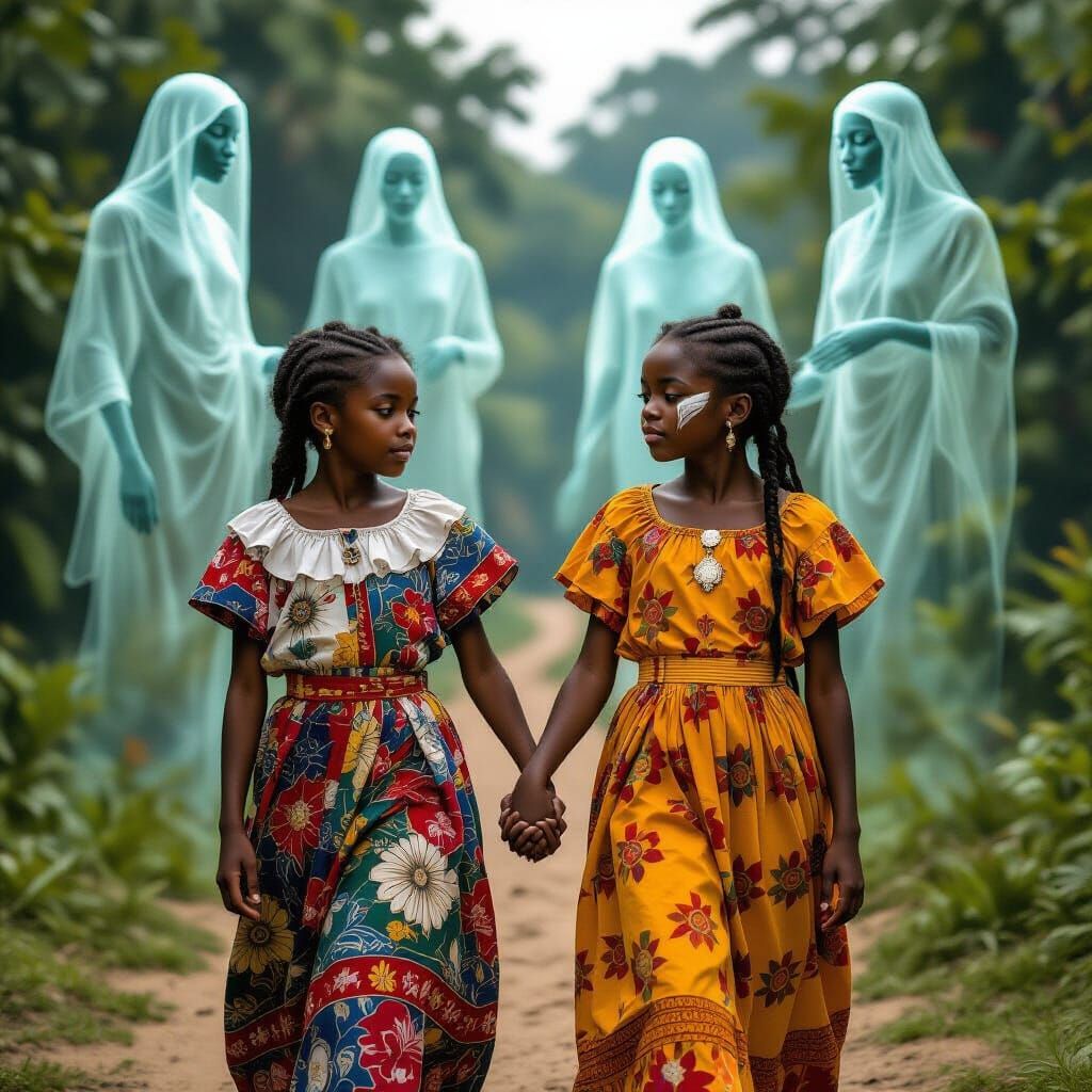 African Twins with Ancestors in Mystical Realism Style