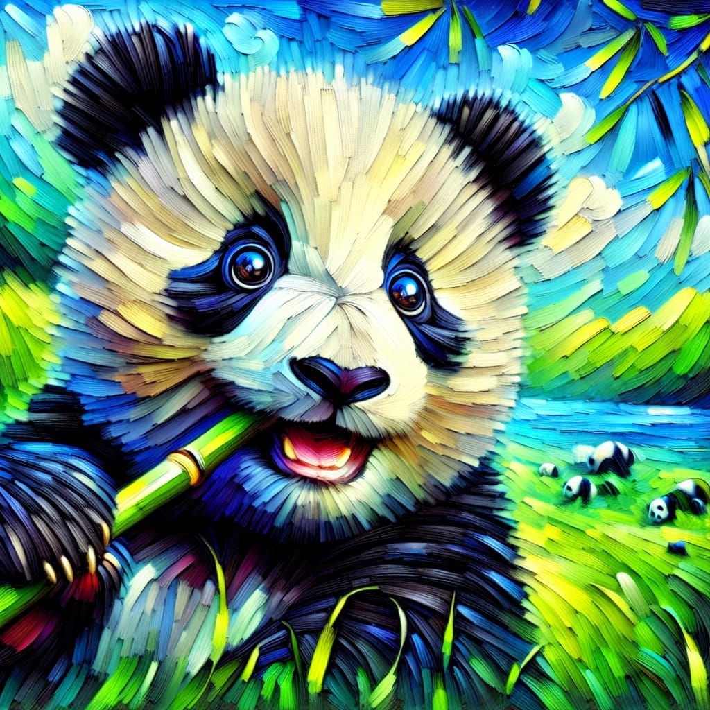 Adorable Panda Delights in Bamboo Snack in a Dreamlike Lands...