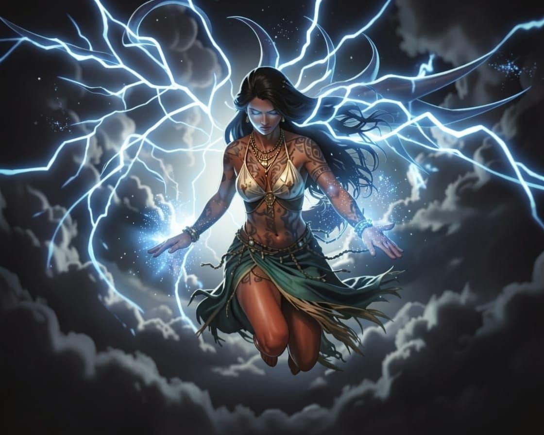 Stormborn Huntress Flying Through Night Clouds