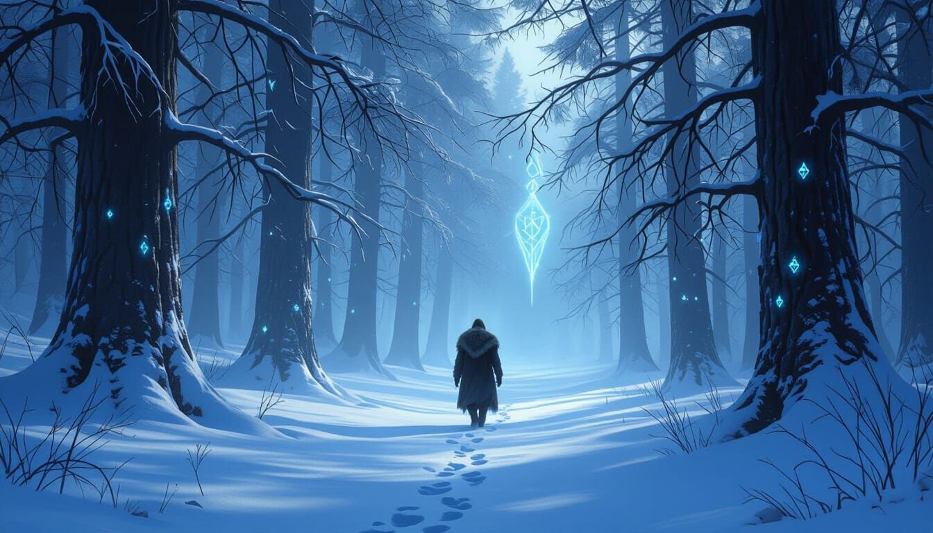 Nordic Traveler in Snowy Forest with Ethereal Blue Light