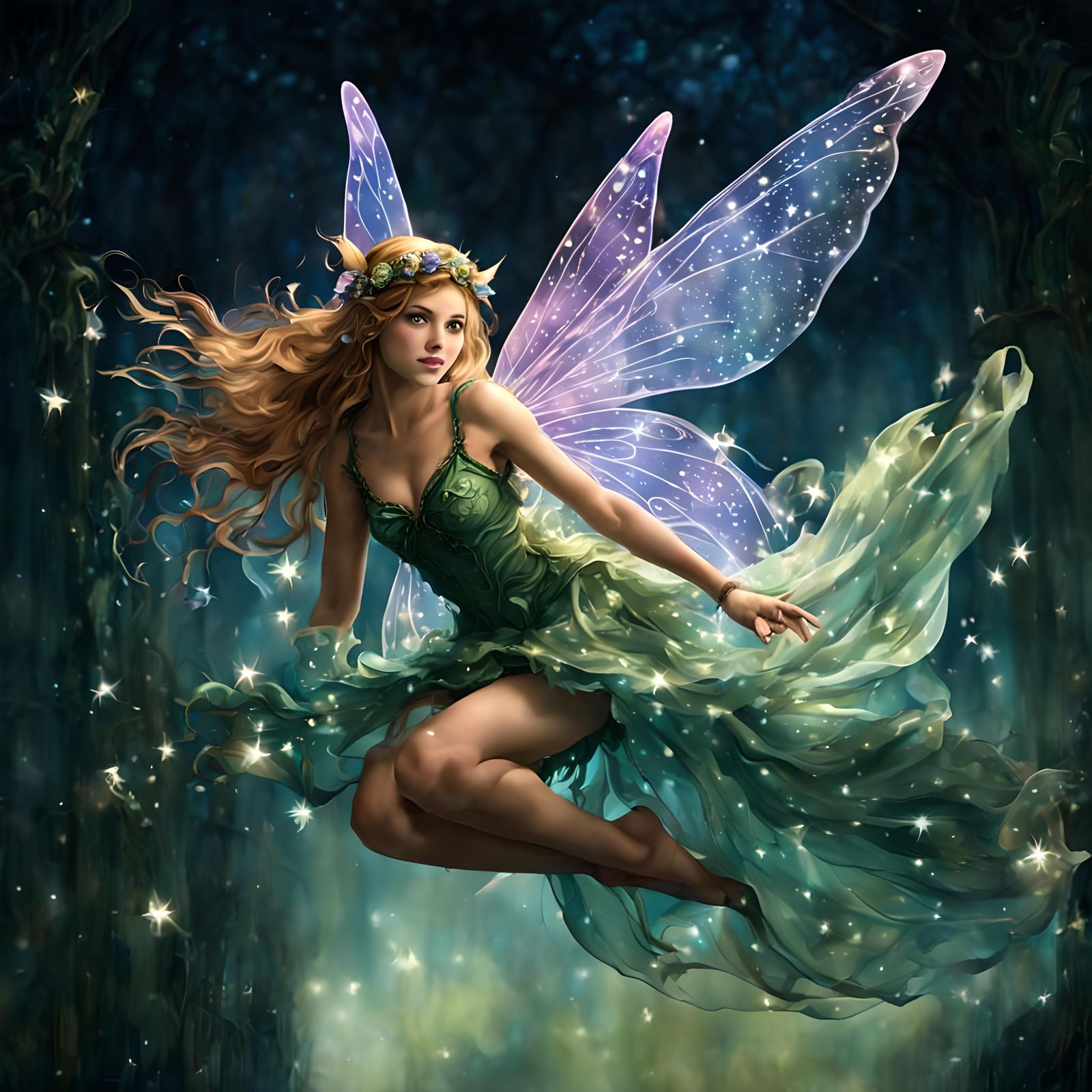 Beautiful fantasy fairy, flying, age 25