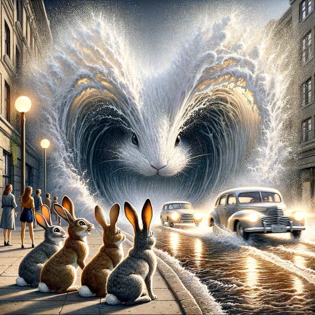 Rabbits Watch Approaching Water Wave with Impasto Lighting
