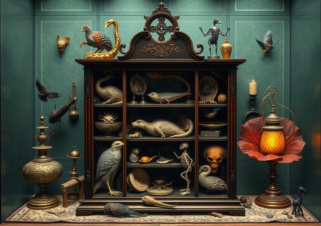 Exotic Surreal Cabinet of Curiosities as Assemblage Art