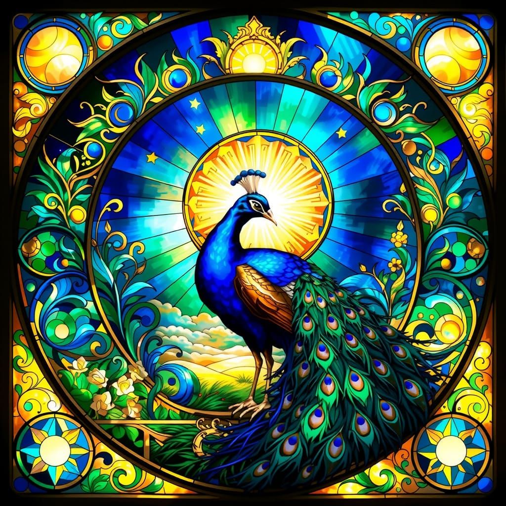 Majestic Peacock in Stained Glass Artwork