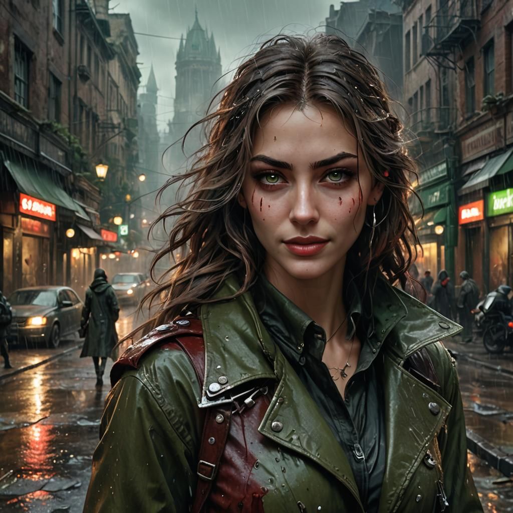 Post-Apocalyptic Reporter in Rain, Hyperdetailed Art