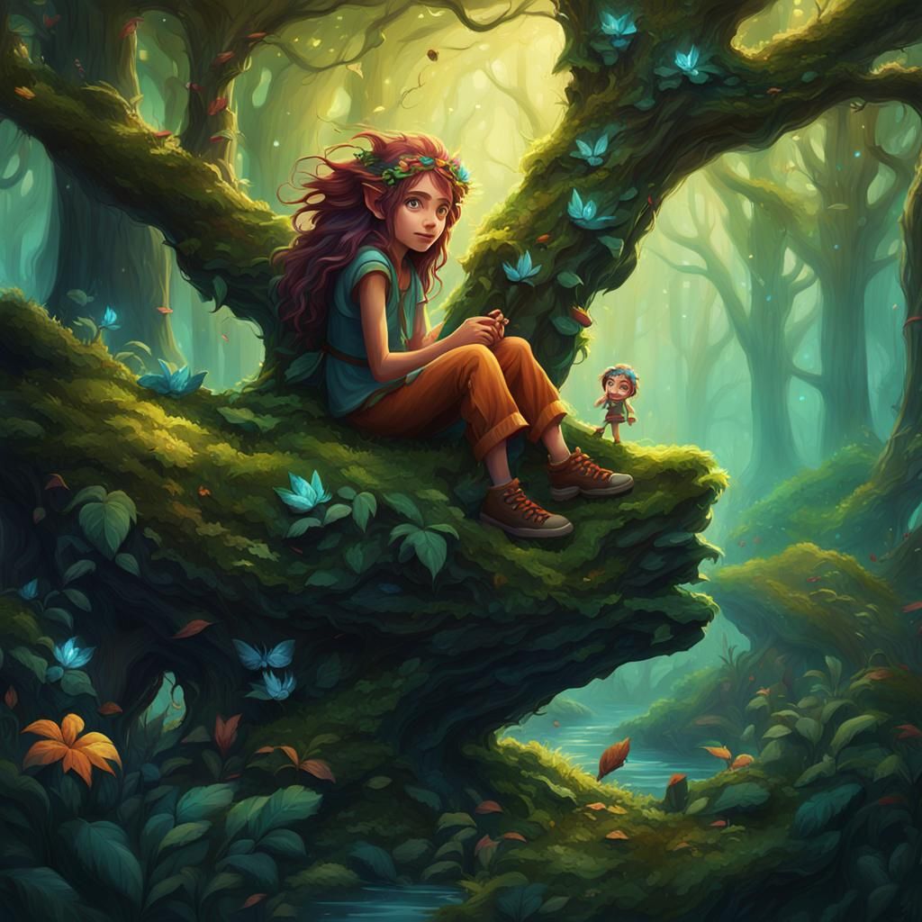 Forest Sprite and Friend in Enchanted Woodland